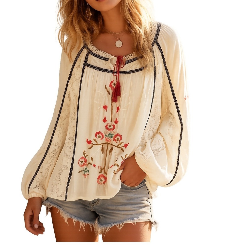 Free People Embroidered Lace Tiger Lily Peasant Blouse Ivory Floral Top M Boho - Picture 1 of 14